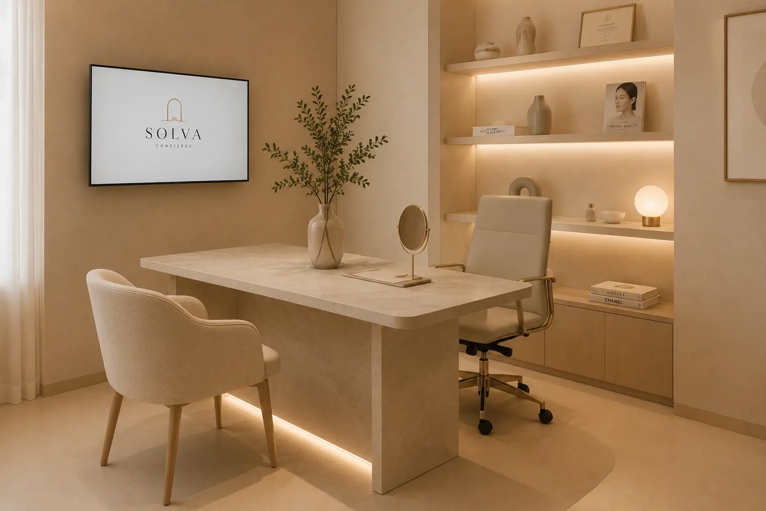ห้องปรึกษาแพทย์โทนครีมพร้อมแสงอบอุ่นในคลินิกพันธมิตรของ SOLVA