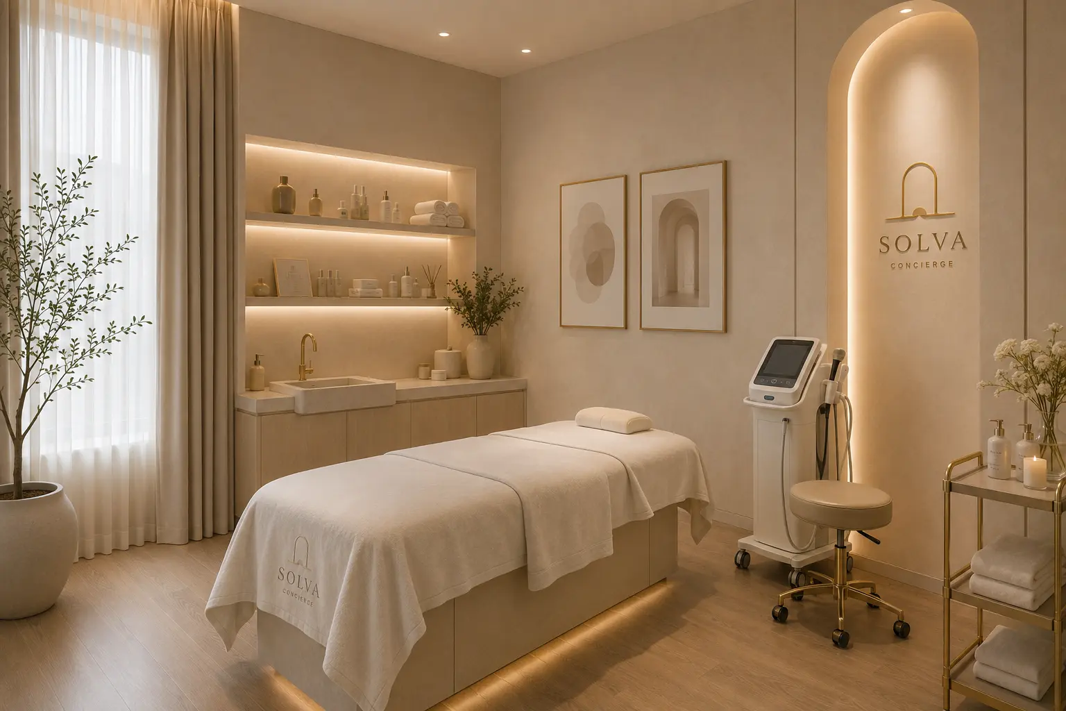 ห้องทรีตเมนต์ผิวพรรณโทนครีมพร้อมเตียงและเครื่องมือความงามในคลินิกพันธมิตร