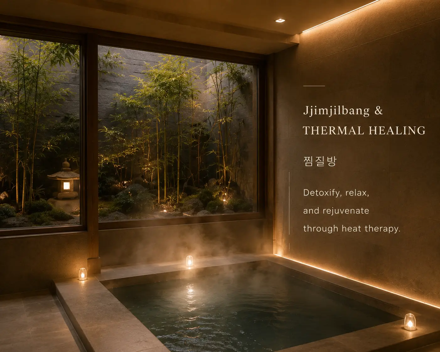 ห้องจิมจิลบังพร้อมบ่อน้ำร้อนและสวนไผ่สำหรับการบำบัดด้วยความร้อน