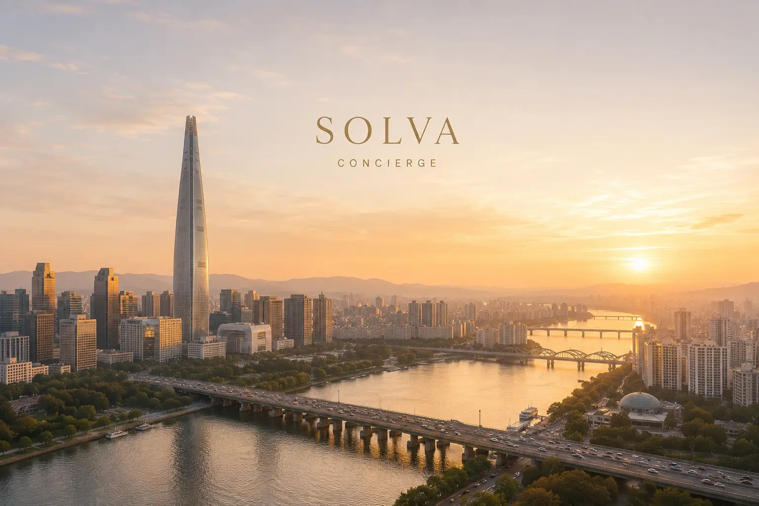 เส้นขอบฟ้ากรุงโซลริมแม่น้ำฮันยามเย็นพร้อมโลโก้ SOLVA Concierge