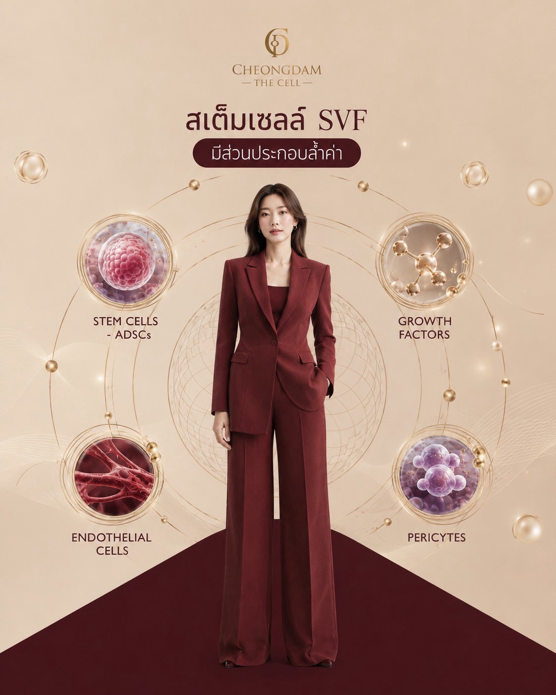 แผนภาพส่วนประกอบของสเต็มเซลล์ SVF ได้แก่ ADSCs, Growth Factors, Endothelial Cells และ Pericytes